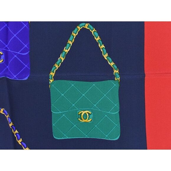 Authentic Chanel Bag Motif Scarf Shawl Bandana Silk Red Navy Multicolor - Picture 4 of 9